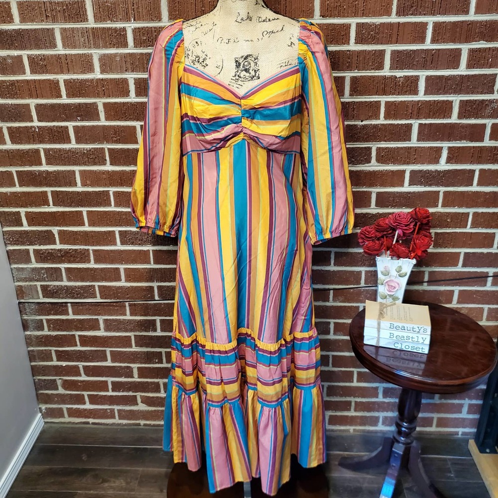 Farm Rio Anthropologie Puff Sleeve Rainbow Striped Scarf Tiered Maxi Dress Large